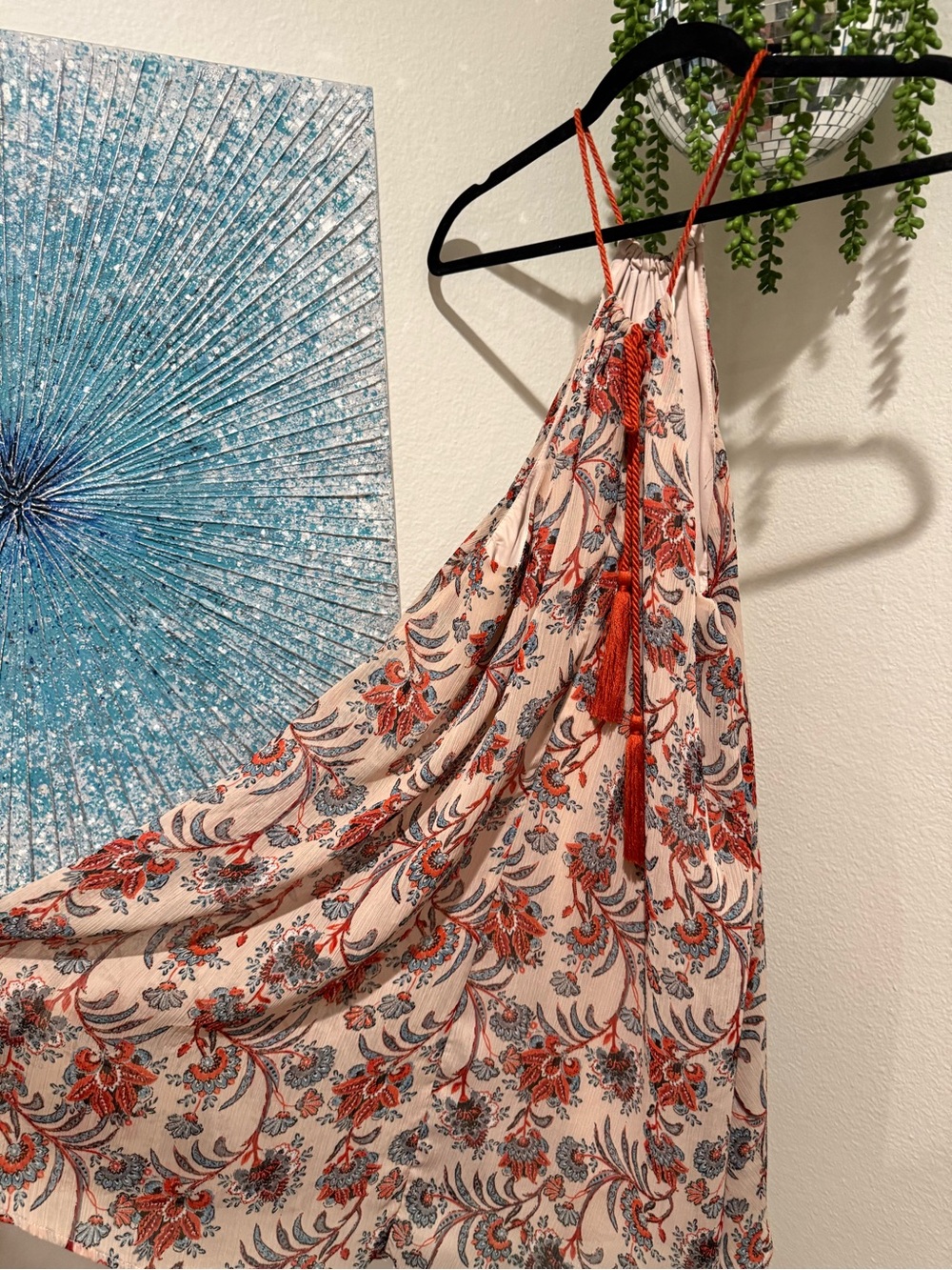 B. Dakota Floral Boho Halter Maxi Dress Size L Tassel Tie